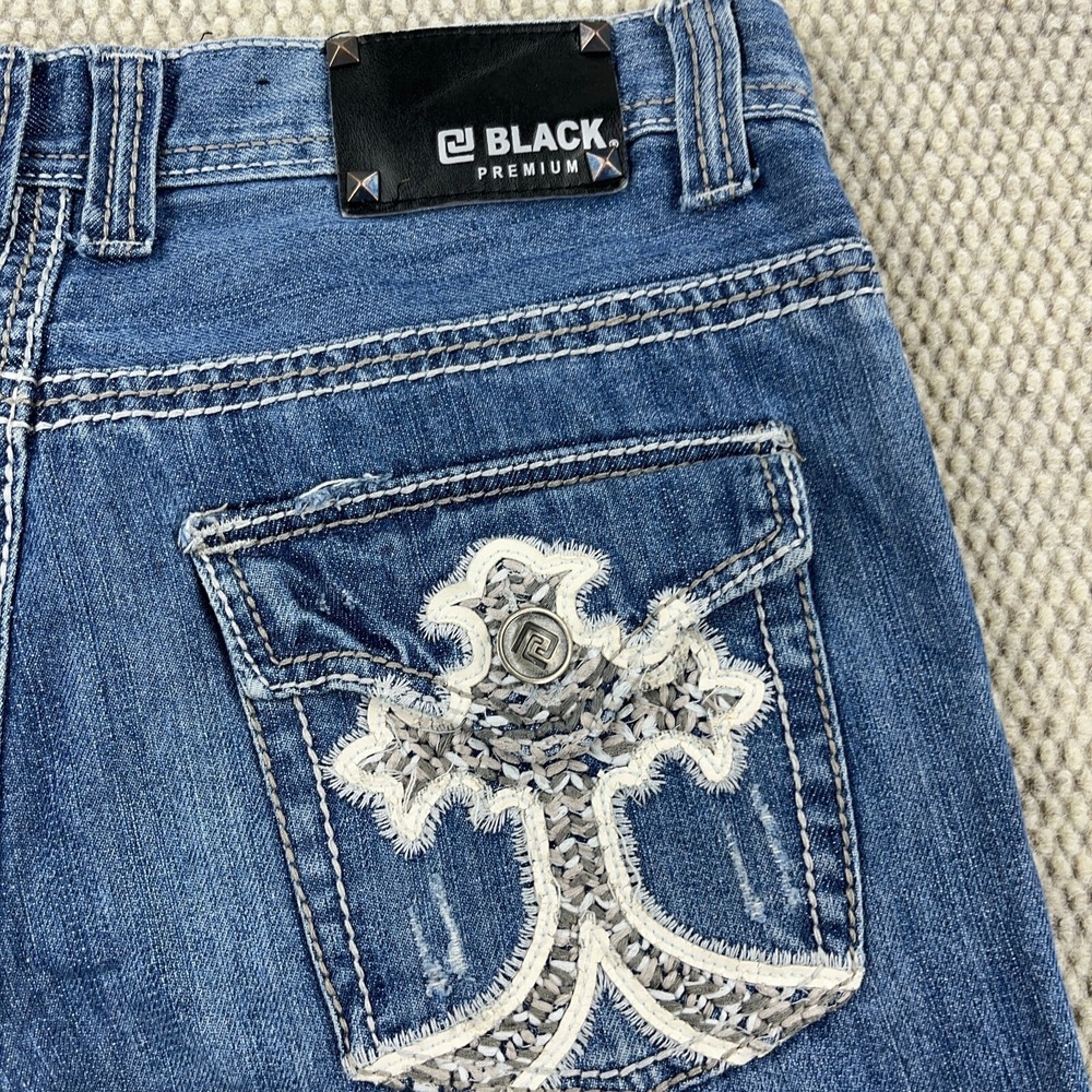 CJ Black Jeans Men 30x32 Relaxed Straight Flap Pockets Embroidered Med Wash Fade - Picture 4 of 16
